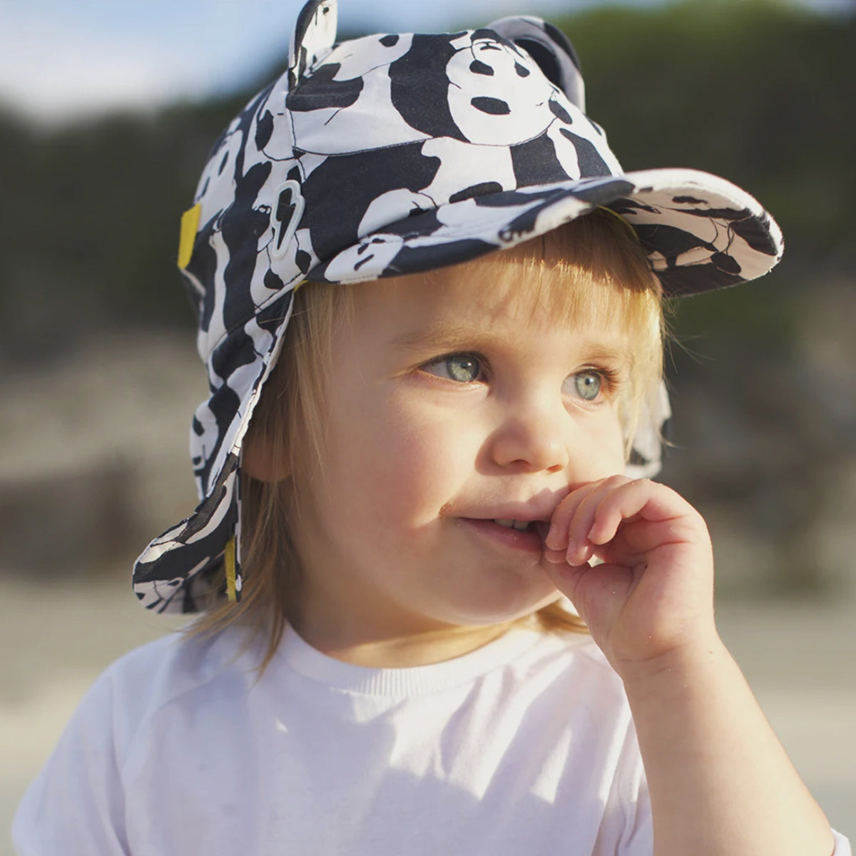 UV Protection Kids Sun Hat with Neck Flap in black and white design Little Hotdog Watson